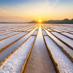 **Prompt:** A breathtaking wide shot of the vast salt fields of Nam Dinh, Vietnam, at sunrise. The low sun casts golden rays across the meticulously leveled salt pans, making the white salt crystals shimmer like a colossal silver sheet, reflecting the vibrant sky. The scene is serene, expansive, and emphasizes the natural beauty and the scale of traditional salt production.