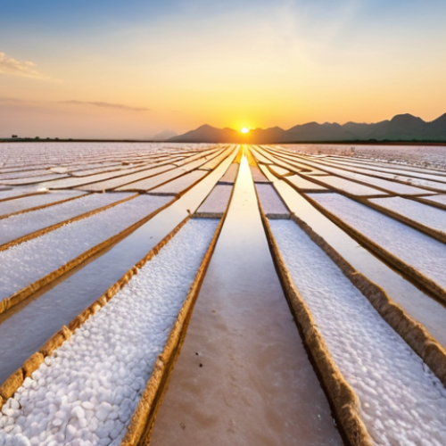 Home 7 **Prompt:** A breathtaking wide shot of the vast salt fields of Nam Dinh, Vietnam, at sunrise. The low sun casts golden rays across the meticulously leveled salt pans, making the white salt crystals shimmer like a colossal silver sheet, reflecting the vibrant sky. The scene is serene, expansive, and emphasizes the natural beauty and the scale of traditional salt production.