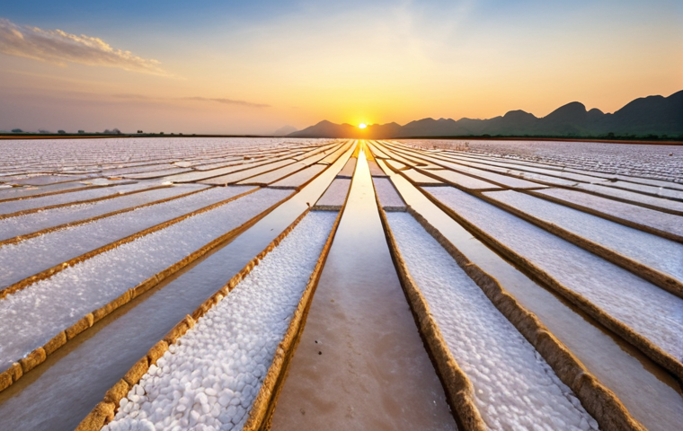 **Prompt:** A breathtaking wide shot of the vast salt fields of Nam Dinh, Vietnam, at sunrise. The low sun casts golden rays across the meticulously leveled salt pans, making the white salt crystals shimmer like a colossal silver sheet, reflecting the vibrant sky. The scene is serene, expansive, and emphasizes the natural beauty and the scale of traditional salt production.